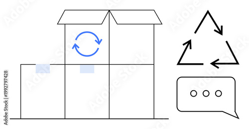 Sustainability, recycling, eco-friendly packaging, waste reduction, reusable materials, environmental impact. Cardboard boxes with arrows, recycling symbol and speech bubble. Recycling