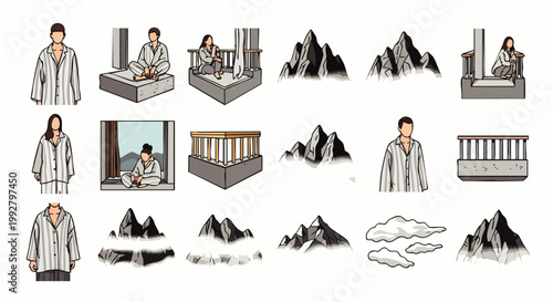 Illustrative vector set: people in patient gowns, beds, balconies, columns, and mountains with clouds. Themes of solitude, contemplation, and introspection.
