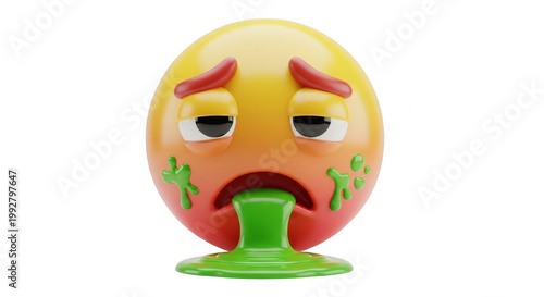 A 3d cartoon emoji with a sick expression and green vomit isolated on transparent background