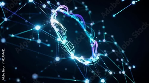 A futuristic digital illustration shows neon glowing network connections forming an abstract technology background with flowing blue and purple lines