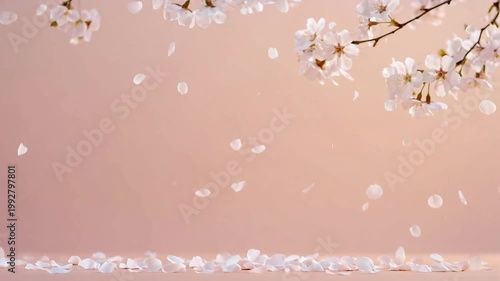 A soft pink background filled with cherry blossoms and gently falling petals creates a delicate spring floral design