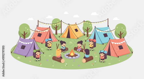 Camping Scene With Colorful Tents And Campfire Gatherings.