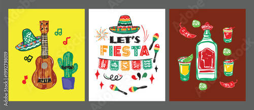 Retro Cinco De Mayo Fiesta Poster Set with Tequila Guitar Sombrero