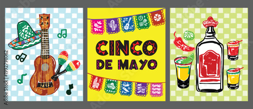 Lets Fiesta Cinco De Mayo Poster with Tequila Drinks, Guita,r and Sombrero