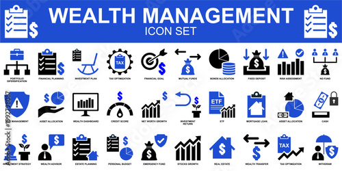Wealth management icon set vector for modern finance apps. Ideal for symbolizing smart economic growth, secure investments, and corporate savings.