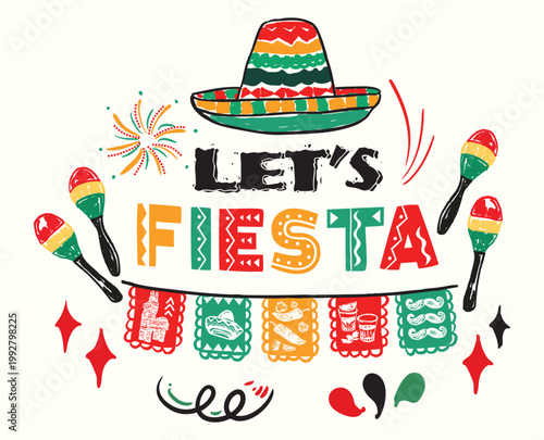 Lets Fiesta Typography Design Colorful Mexican Party Celebration
