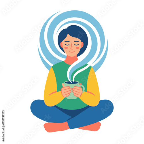 Person meditating with hot drink and swirling steam