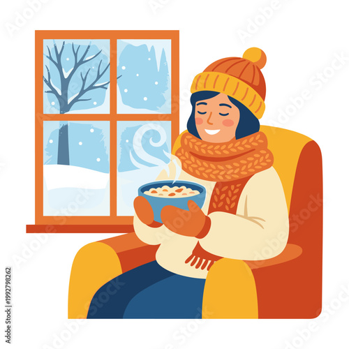 Cozy person enjoying warm oatmeal by a snowy window