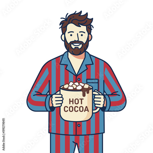 Man in striped pajamas holding a mug of hot cocoa