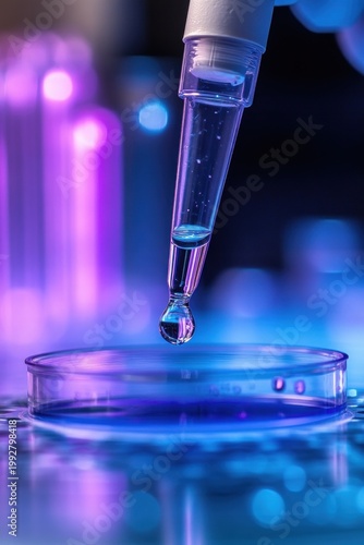 close-up of a pipette releasing a single droplet into a petri dish under blue and purple laboratory lighting, evoking careful scientific focus and discovery