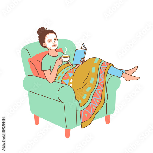 Woman relaxing in armchair with face mask and cup of tea