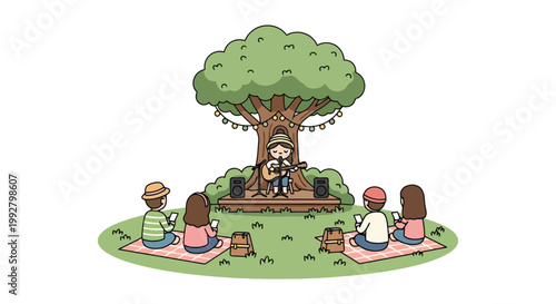 Group Of People Seated Around Tree.