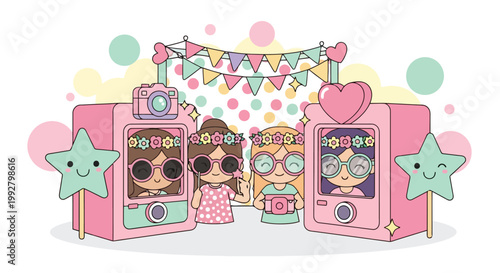 Kawaii pink arcade machines with cute dolls.