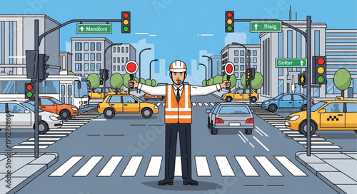 Traffic controller directing vehicles in a busy city intersection.
