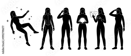 Futuristic Woman Silhouette Set, Sci-Fi Female Characters Collection, Digital Technology Interface and Space Exploration Poses in Minimalist Vector Style for Modern Concept Design and Graphic Illustra