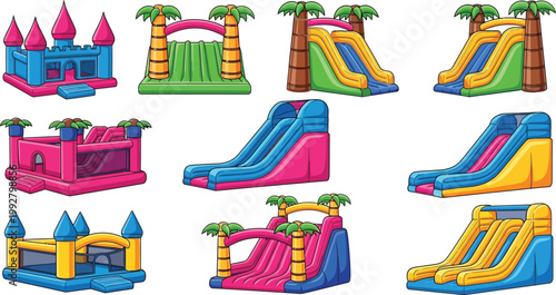 Collection of colorful vector inflatable bouncy castles and water slides with tropical palm trees and castle towers for children party events