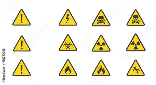 Warning signs display various hazardous symbols in rows on a surface.
