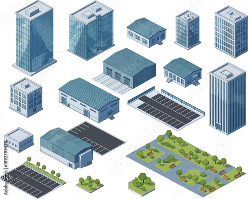 Comprehensive Isometric Vector Collection of Modern City Infrastructure Featuring Glass Skyscrapers Industrial Warehouses Office Buildings Parking Lots and Landscaped Public Parks