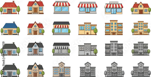 Large collection of vector building icons featuring houses, shops, apartments, and schools in colored, grayscale, and line art styles for urban design projects.