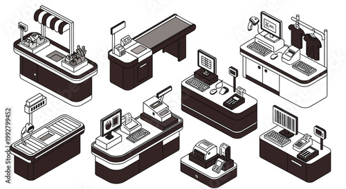 Isometric illustration of various retail checkout counters and point of sale systems