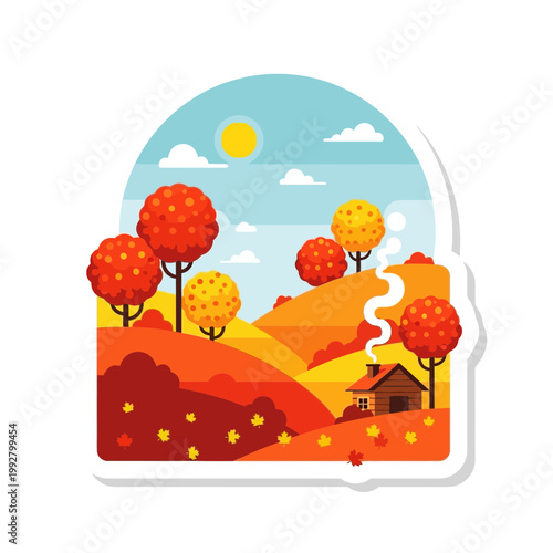 Autumn landscape illustration featuring a cozy wooden cabin in a colorful forest valley with bright fall foliage and a clear sunny sky