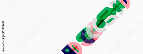 Abstract graphic design features overlapping colorful shapes forming letterforms. Minimalist aesthetic, clean lines, modern composition.