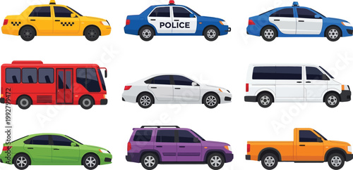 Set of Various City Transportation Vehicles Including Taxi Police Car Bus Van Sedan SUV and Pickup Truck Vector Illustration
