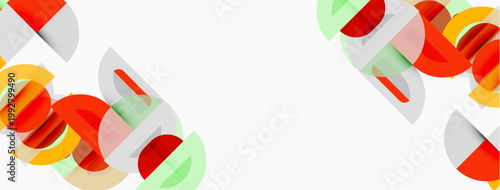 Abstract geometric shapes overlap, creating vibrant color patterns. Minimalist design with red, yellow, gray hues. Clean background.