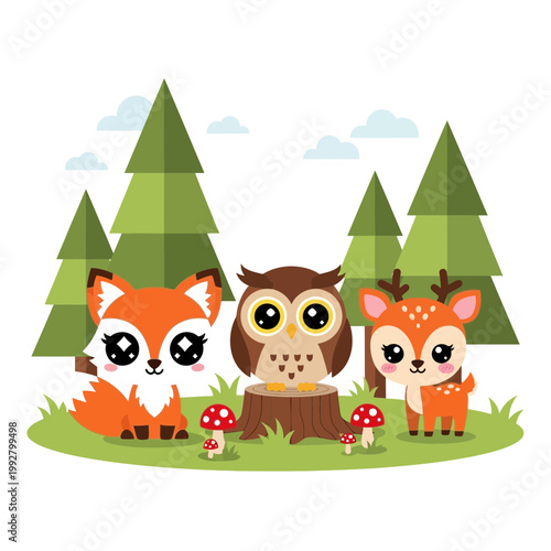 Cute cartoon forest animals including a fox owl and deer in a woodland scene with pine trees and mushrooms for children illustration and design projects