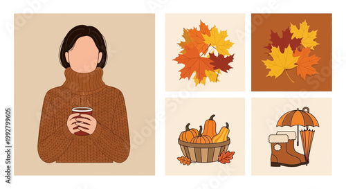 Flat design vector illustration of cozy autumn lifestyle person holding warm drink surrounded by colorful fall leaves in warm sunlight