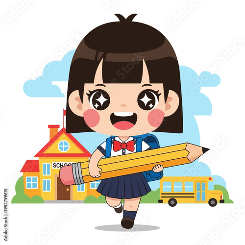 Happy student girl holding a large pencil walking to school with a bus in a colorful educational digital illustration for children and academic marketing concepts