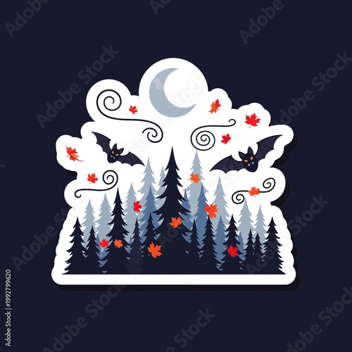 Halloween sticker design featuring flying bats and autumn maple leaves over a pine forest landscape under a crescent moon with a transparent background