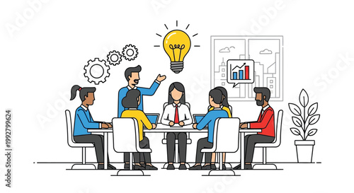 Team brainstorming session with a bright idea and collaborative workspace