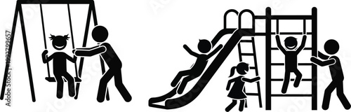 Black and White Stick Figure Vector Illustration of Children Playing on Playground Equipment with Adult Supervision and Care
