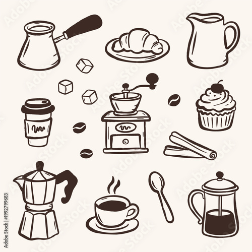 Hand drawn coffee doodle composition in naive outline style. Cozy cafe elements arranged in square layout with warm cream and cocoa palette, minimal aesthetic for branding, packaging and prints.