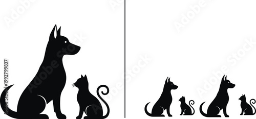 Black silhouette dog and cat comparison size domestic animals vector illustration pet icons isolated minimal design concept white background graphic