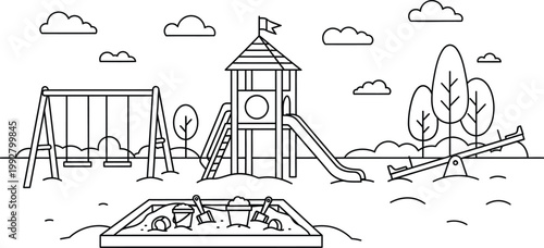 Black and White Line Art Illustration of a Childrens Playground with Swings Slide Seesaw and Sandbox for Coloring Book