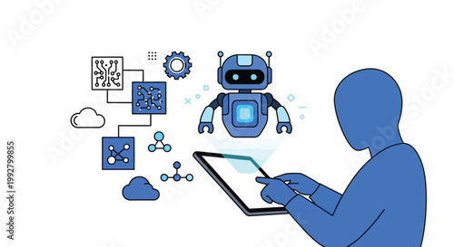 Person interacting with a tablet displaying a futuristic robot and technology