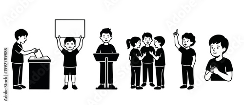 Kids civic engagement and education line icons, children participating in democratic process, voting and school activities, set of black and white vector illustrations depicting active young students.