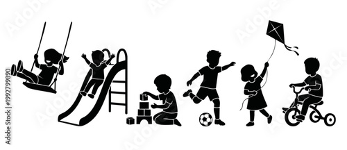Children playing silhouette icons set, kids activities on playground, happy childhood concept, vector flat design illustration of boys and girls swinging, sliding, building blocks, soccer and cycling
