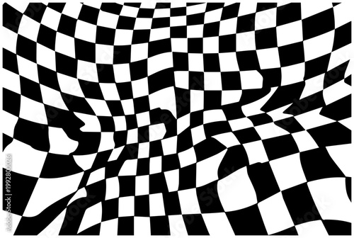 Distorted black and white checkerboard pattern with a psychedelic swirling vortex effect creating a visually hypnotic and disorienting abstract optical illusion perfect