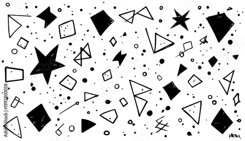 Abstract composition of hand drawn geometric shapes stars diamonds and dots in a playful quirky and unbalanced pattern against a clean white background evoking a sense
