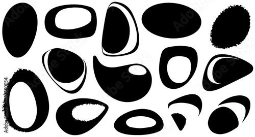 Retro mid century atomic shapes collection organic bean oval and boomerang forms in bold black silhouettes perfect for vintage graphic design and retro decor accents