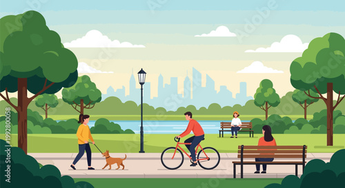 Flat Vector Illustration of People Enjoying a Sunny Day in a Public City Park with Skyline Background
