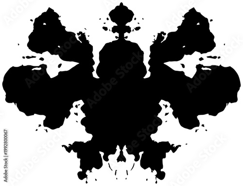 Abstract symmetrical black inkblot shape resembling a rorschach test evoking psychological interpretation mystery and subconscious thought set against a clean white background
