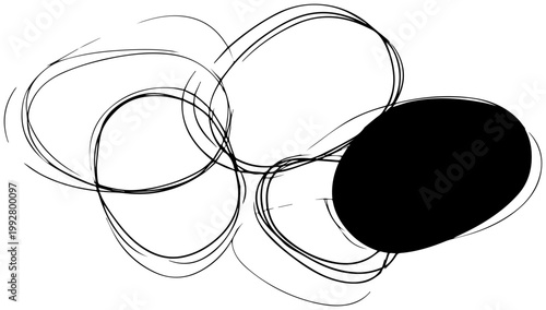 Abstract composition of overlapping organic hand drawn oval shapes and a solid black ellipse suggesting smooth natural forms and minimalist graphic design elements for creative