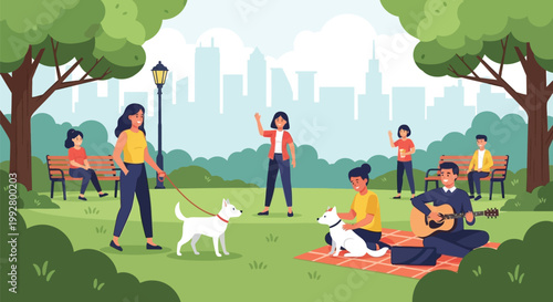 Diverse Group of People Enjoying Leisure Activities and Playing Music with Dogs in a Sunny Urban Public Park Vector Illustration