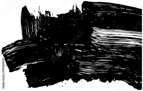 Thick heavy textured black paint brush stroke with visible bristles and dynamic movement creating a bold abstract artistic shape for graphic design and creative projects isolated