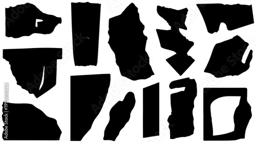 Abstract collection of torn paper edge shapes and solid black filled geometric fragments isolated on a clean white background conveying a modern artistic collage or distressed