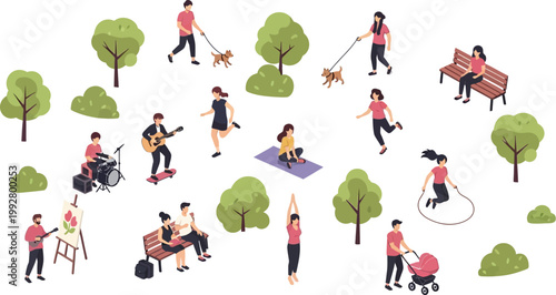 Isometric Park Activities Collection Featuring People Exercising Playing Music Walking Dogs and Relaxing in a Green Public Urban Space